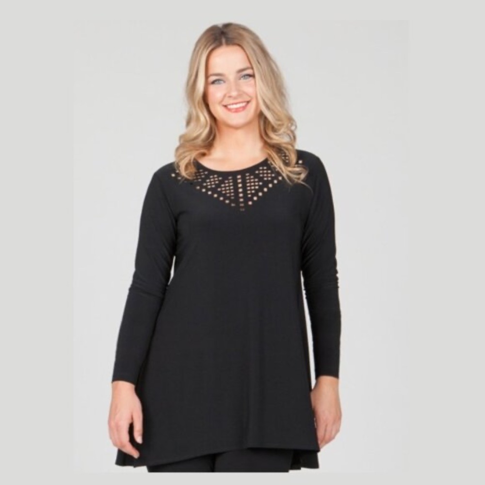 Sympli Black Laser-Cut Square-Neck Tunic with Three-Quarter Sleeves